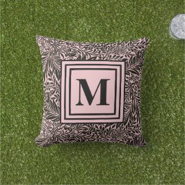 Monogrammen lichtroze en zwarte afbeelding botanis buitenkussen