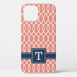 Monogrammen marineblauw roze rooster iPhone 12 hoesje