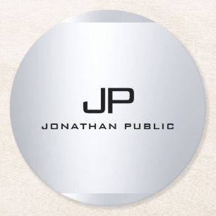 Monogrammen Metallic Faux Silver Sjabloon Elegant Ronde Kartonnen Onderzetter