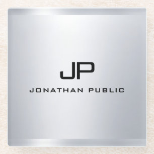 Monogrammen Metallic Silver Watch Sjabloon Elegant Glazen Onderzetter