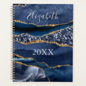 Monogrammen Naam Blauw Glitter Agate Marble Planner (Voorkant)