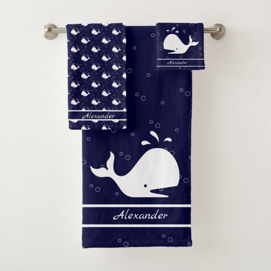 Monogrammen naam Cartoon walvis marineblauw wit Bad Handdoek (Insitu)