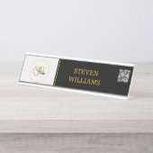 Monogrammen Naam & Moderne Handtekening / QR-code Bureau Naambordje (Voorkant)