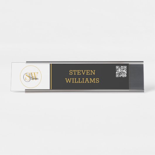 Monogrammen Naam & Moderne Handtekening / QR-code Bureau Naambordje (Voorkant)