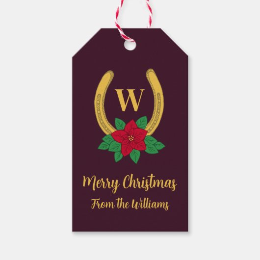 Monogrammen Red+GoldKerstmis Hoefijzer Cadeaulabel (Voorkant)