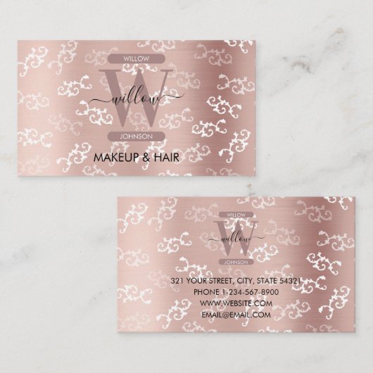 Monogrammen Roos Gold Damask Makeup Hair Visitekaartje (Voorkant / Achterkant)