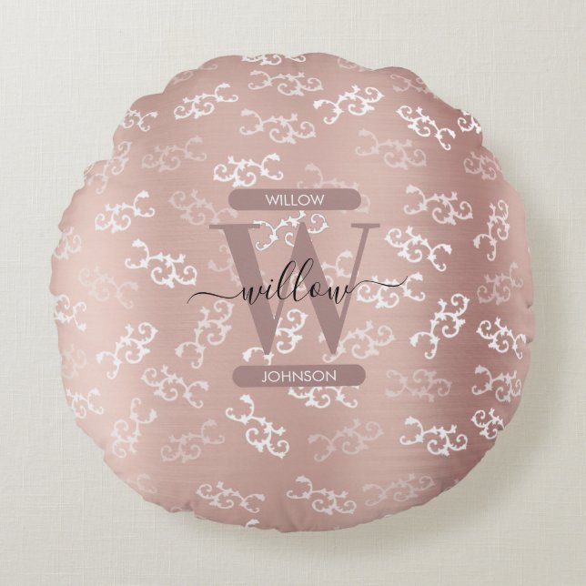 Monogrammen  Roos Gold Damask Pattern Rond Kussen (Voorkant)