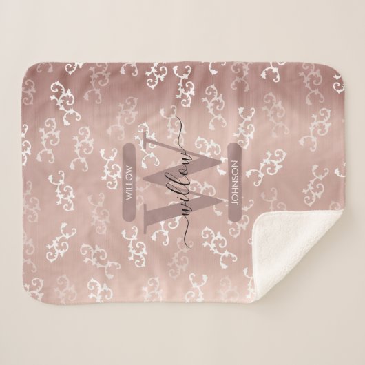 Monogrammen  Roos Gold Damask Pattern Sherpa Deken (Voorkant (horizontaal))