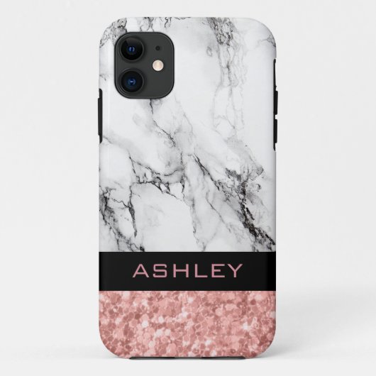 Monogrammen Roos Gold Glitter en witte marmer Case-Mate iPhone Case (Achterkant)
