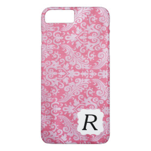 Monogrammen Roze Damask-telefoontas iPhone 8 Plus / 7 Plus Hoesje