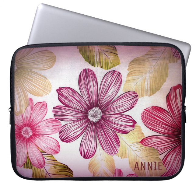 Monogrammen roze en rode bloemen laptop sleeve (Voorkant)