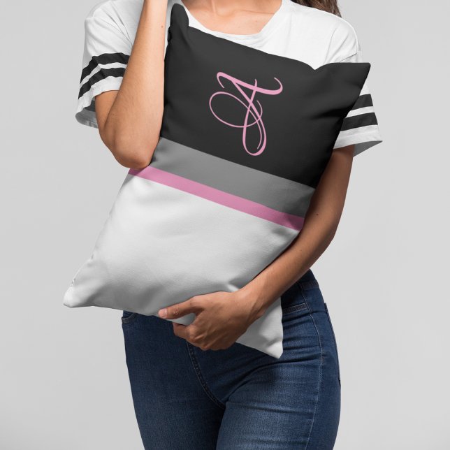 Monogrammen roze grijze streped kussen (Creator heeft geüpload)