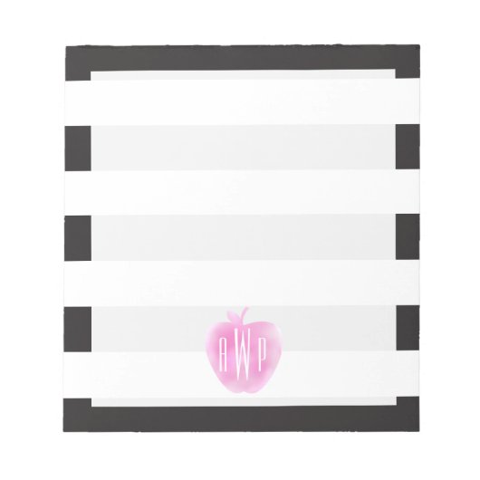 Monogrammen roze Waterverf Apple + Stripes Notitieblok (Voorkant)