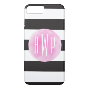 Monogrammen roze Waterverf zwart + witte strepen iPhone 8 Plus / 7 Plus Hoesje