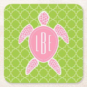 Monogrammen roze Zee Turtle Green Quatrefoil Vierkante Kartonnen Onderzetter