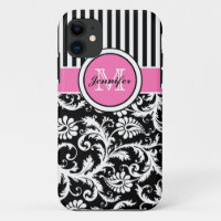 Monogrammen roze, zwart, witte stripte Damask
