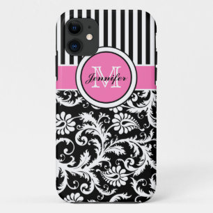 Monogrammen roze, zwart, witte stripte Damask iPhone 11 Hoesje