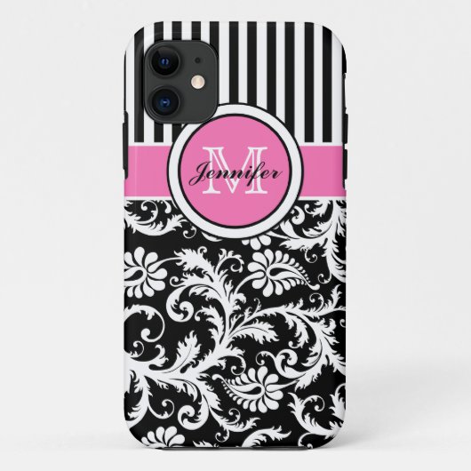 Monogrammen roze, zwart, witte stripte Damask Case-Mate iPhone Case (Achterkant)