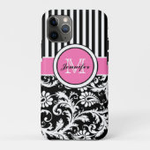 Monogrammen roze, zwart, witte stripte Damask Case-Mate iPhone Case (Achterkant)