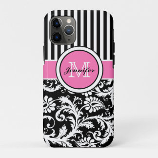Monogrammen roze, zwart, witte stripte Damask iPhone 11 Pro Hoesje