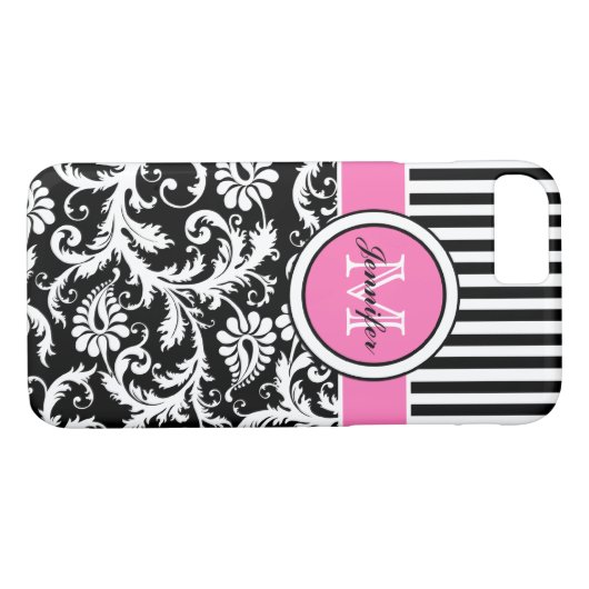 Monogrammen roze, zwart, witte stripte Damask Case-Mate iPhone Case (Achterkant (Horizontaal))