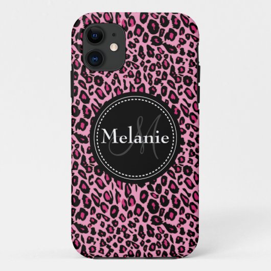 Monogrammen roze zwarte witte luipaard Case-Mate iPhone case (Achterkant)