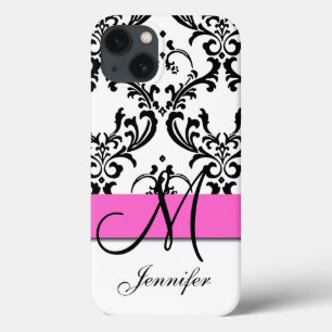 Monogrammen roze zwarte witte zirls Damask iPhone 13 Hoesje