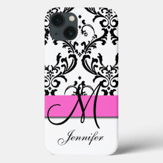Monogrammen roze zwarte witte zirls Damask iPhone 13 Hoesje