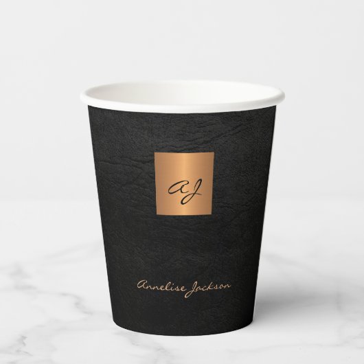 Monogrammen scriptnaam goud zwart papieren bekers (Achterkant)