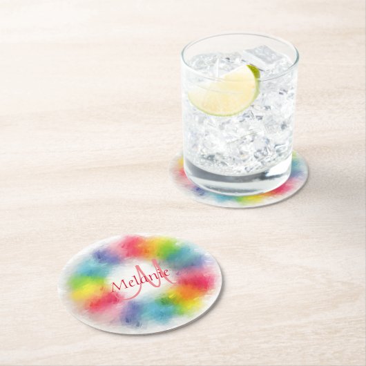 Monogrammen Sjabloon Aangepaste Moderne Regenboog Ronde Kartonnen Onderzetter (Insitu)