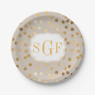 Monogrammen van Bleke Stippen Tan en Gold Glitter Papieren Bordje