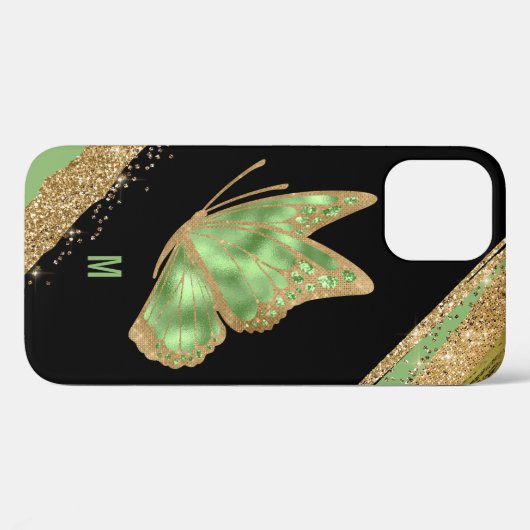 Monogrammen van groene en goudvlinder Case-Mate iPhone case (Achterkant (horizontaal))