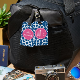 Monogrammen van het hete roze en blauwe geometrisc bagagelabel