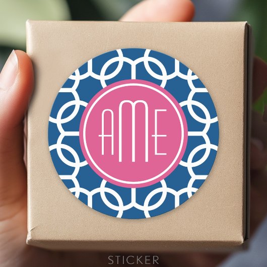 Monogrammen van het hete roze en blauwe geometrisc ronde sticker