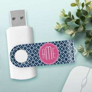 Monogrammen van het hete roze en blauwe geometrisc swivel USB 2.0 stick