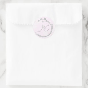 Monogrammen Waterverf Grijs Liefdesvogels Takkrans Ronde Sticker
