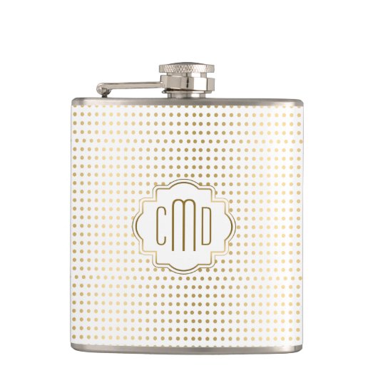 Monogrammen White & Gold Polka Dots Pattern Heupfles (Voorkant)