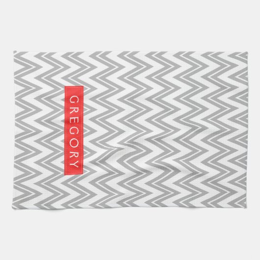 Monogrammen wit en grijs Chevron patroon 3 Theedoek (Horizontaal)