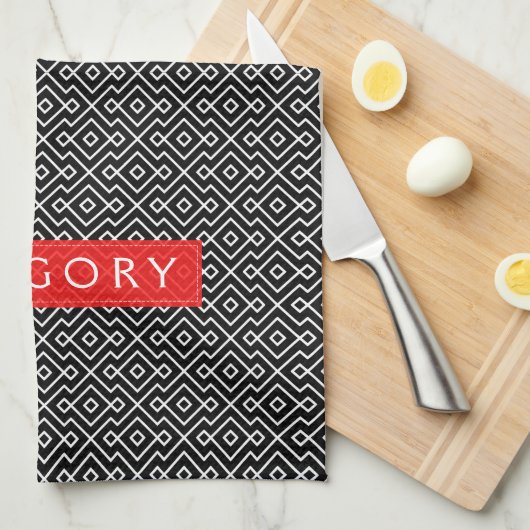 Monogrammen wit en zwart geometrisch patroon theedoek (Quarter Fold)