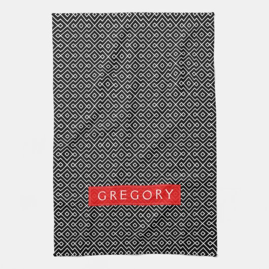 Monogrammen wit en zwart geometrisch patroon theedoek (Verticaal)