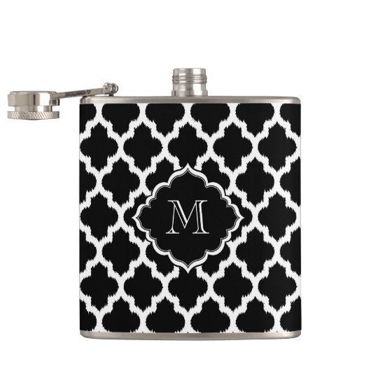 Monogrammen witte en zwarte Ikat Quatrefoil Heupfles (Geopend)