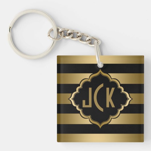 Monogrammen zwart en gouden strepen modern design sleutelhanger (Voorkant)