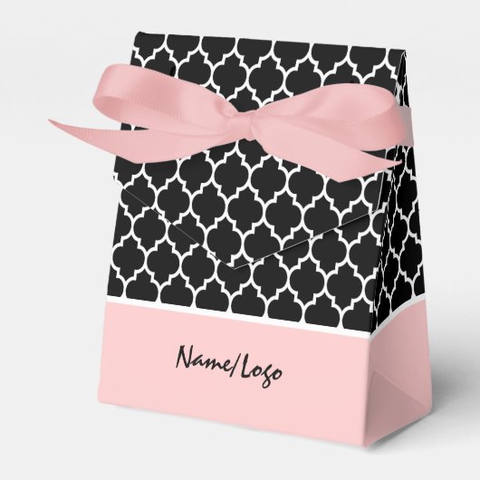 Monogrammen zwart roze en wit Quatrefoil patroon Bedankdoosjes (Voorkant Zijde)