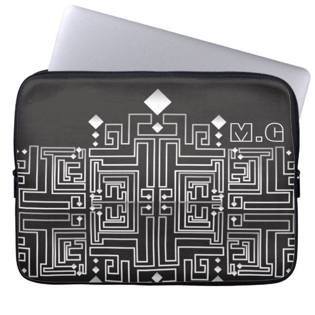 Monogrammen zwart-wit maze Pattern Laptop Sleeve (Voorkant)