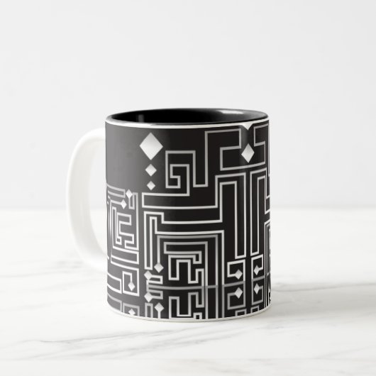 Monogrammen zwart-wit maze Pattern Tweekleurige Koffiemok (Voorkant links)