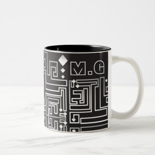 Monogrammen zwart-wit maze Pattern Tweekleurige Koffiemok (Rechts)