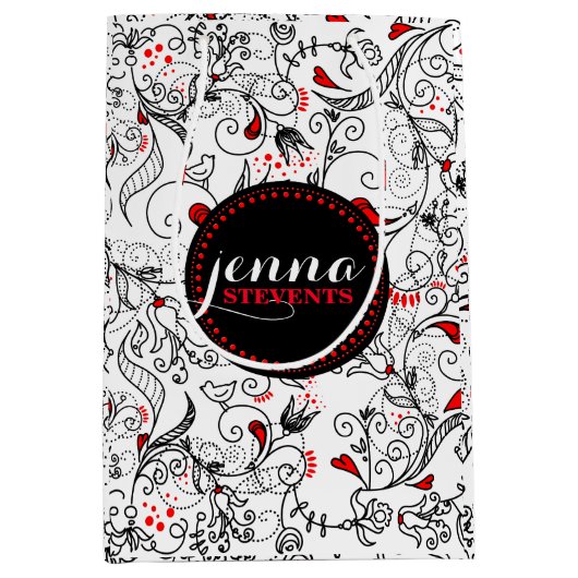 Monogrammen zwarte en witte retrorbloemen medium cadeauzakje (Voorkant)