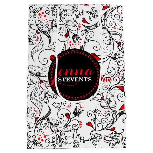 Monogrammen zwarte en witte retrorbloemen medium cadeauzakje (Achterkant)