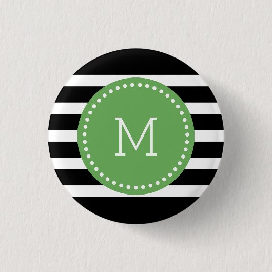 Monogrammen zwarte & witte strepen & groene accent ronde button 3,2 cm (Voorkant)