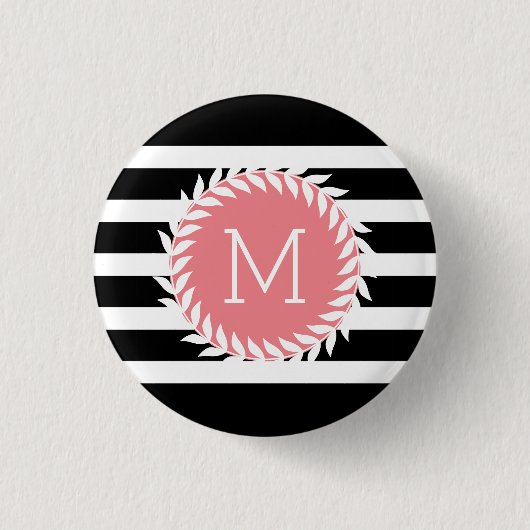 Monogrammen zwarte & witte strepen & witte poot ronde button 3,2 cm (Voorkant)